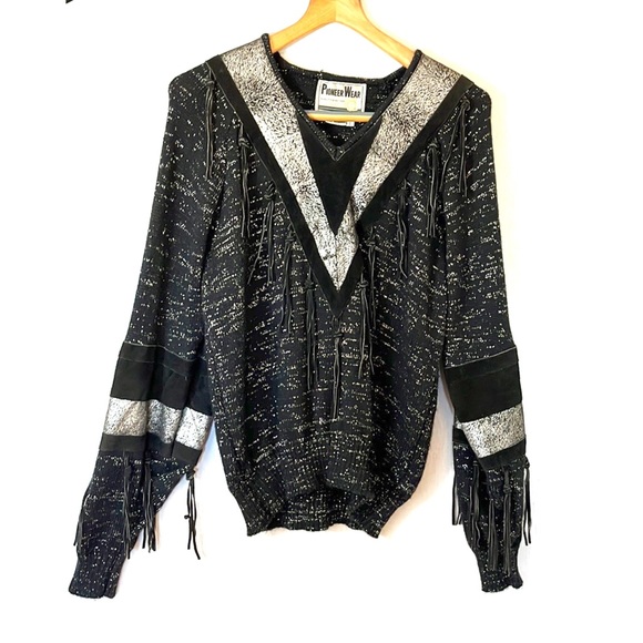 Pioneer Wear Sweaters - Vintage 80’s Pioneer Wear knit and genuine suede mixed media sweater w fringe